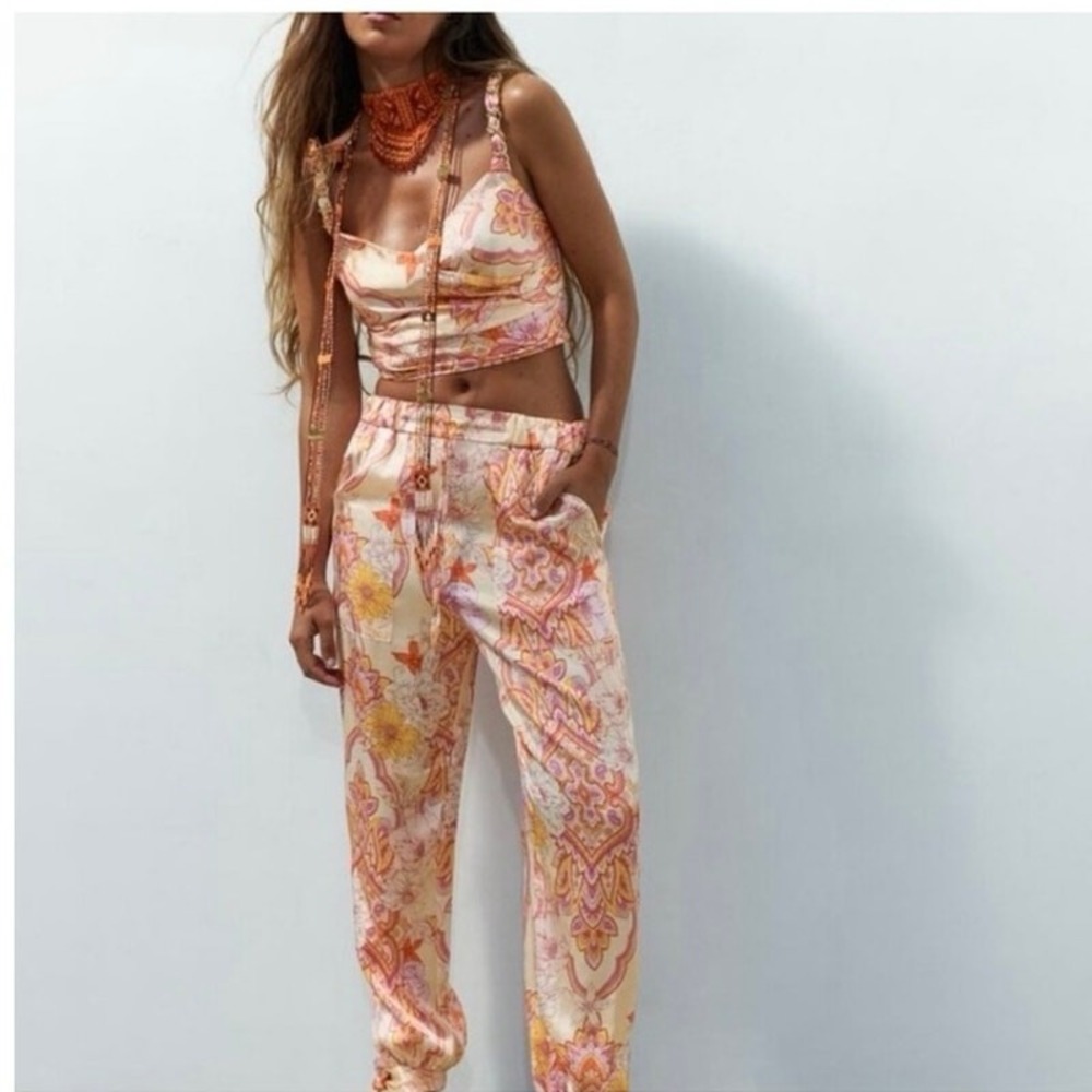 Printed Satin Drawstring Waist Pants - Orange Multi